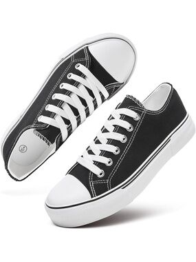 Women's Black Low White Upper Sneakers Slip On Top Canvas Tennis Shoes